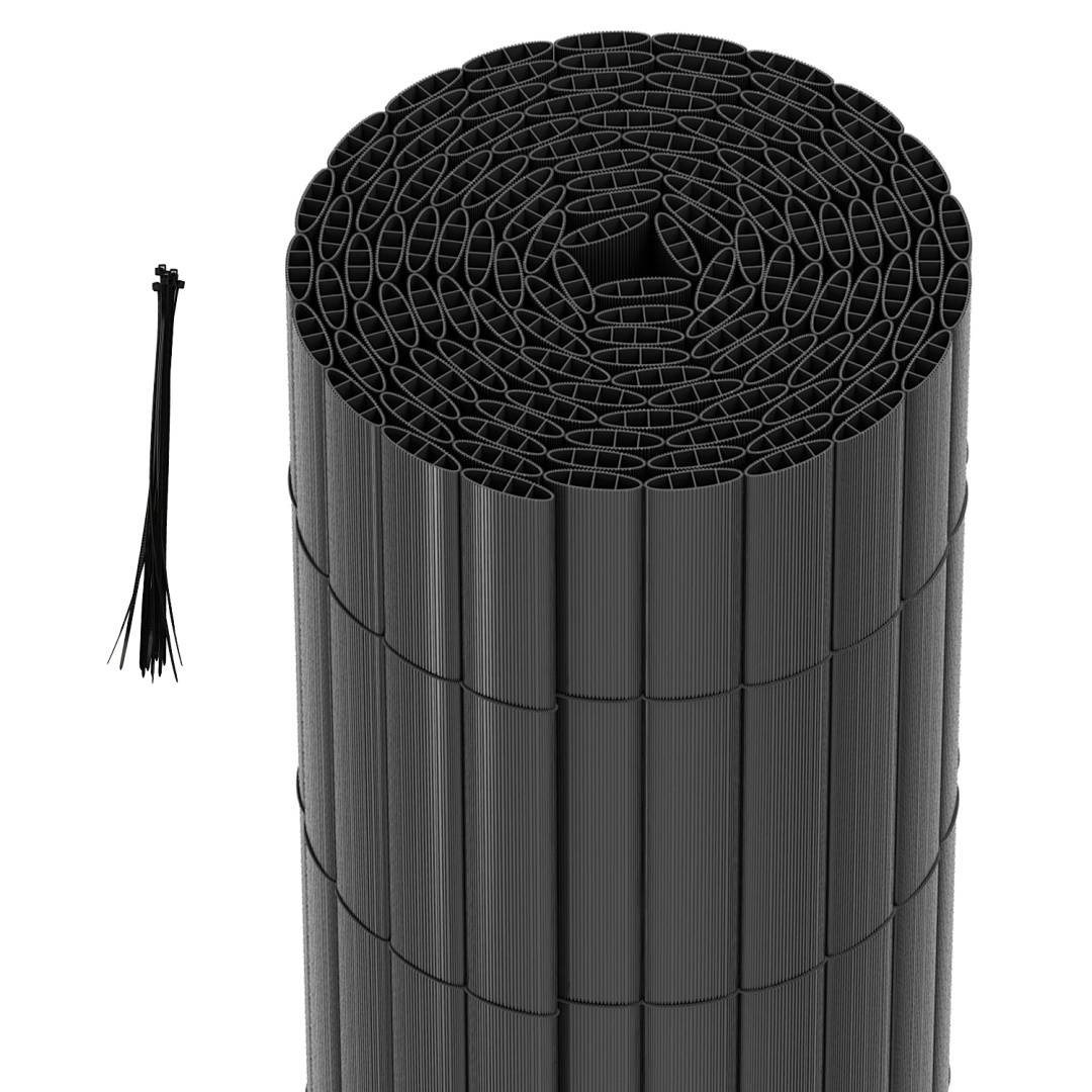 Eine aufgewickelte schwarze Spiraldrahtwrap-Ummantelung steht aufrecht neben einer Gruppe schwarzer Kabelbinder, die zum Organisieren und Schützen von Kabeln verwendet werden.