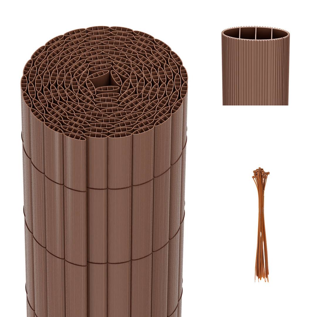 Eine Rolle mit brauner Garteneinfassung in Wabenstruktur neben einem kleineren, separaten Abschnitt und einem Bündel brauner Pflöcke.