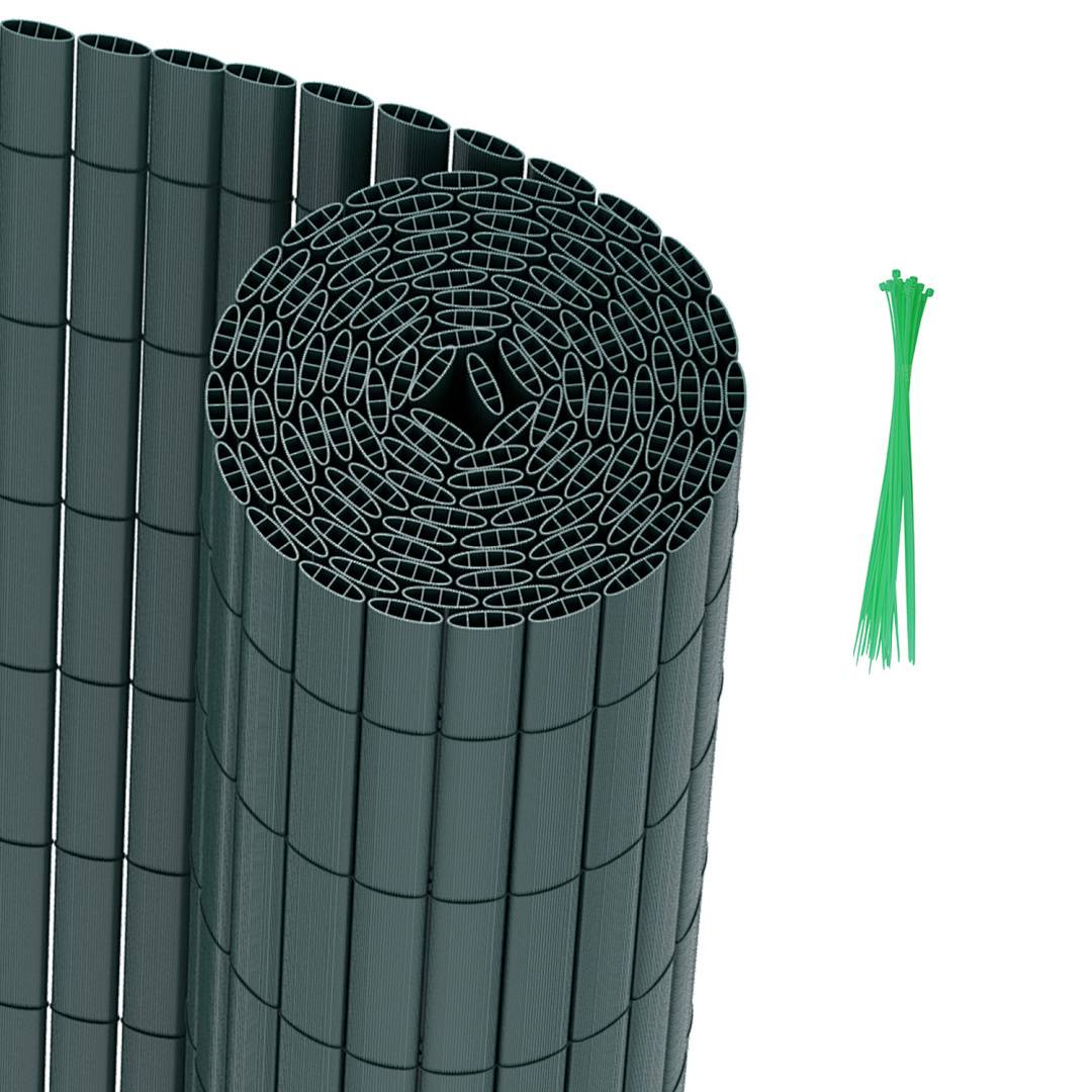 Ein grünes Plastik-Gartenzaun-Rollenelement wird neben einem Bündel grüner Kabelbinder präsentiert, was auf eine Verwendung zum Gartenschutz oder zur Dekoration hindeutet.