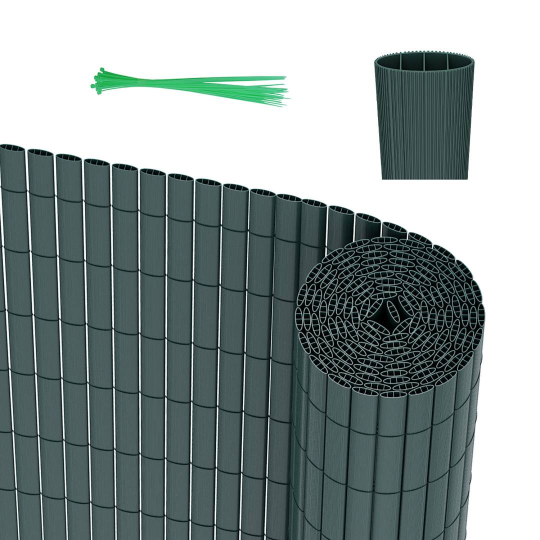 Rolle von dunkelgrüner PVC-Paneel-Zaunbespannung mit enthaltenen grünen Kabelbindern; Nahaufnahmen der Paneelstruktur und einzelner Segmente sind zu sehen.