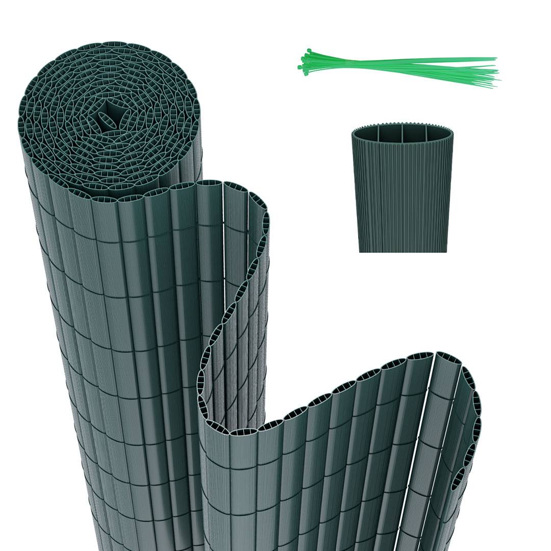 Rolle aus flexiblem, dunkelgrünem Gartenbegrenzungsband mit verschließbarem Design, gezeigt mit einem kleinen separaten Stück und Verbindungselementen.