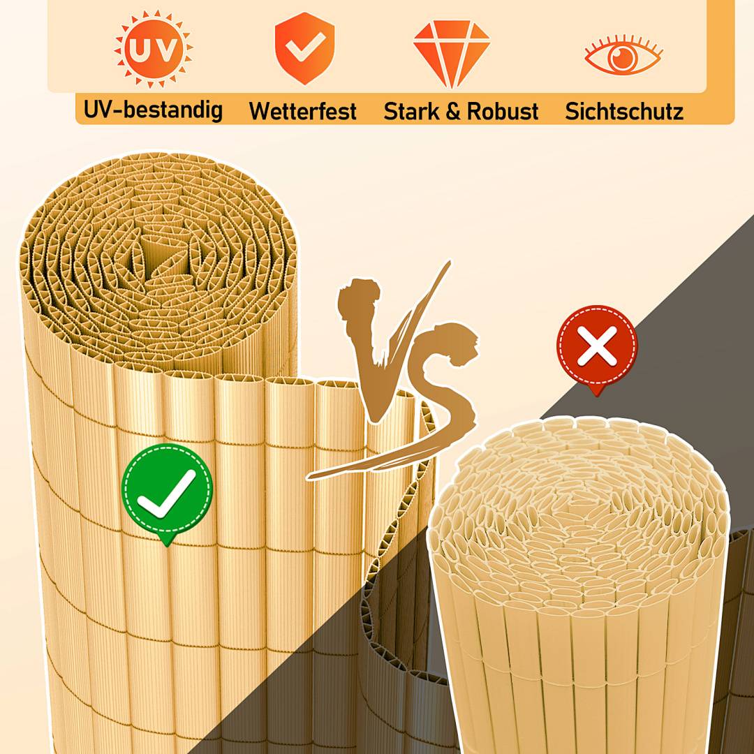 UV-beständig, Wetterfest, Stark & Robust, Sichtschutz' vergleicht umweltfreundliche, langlebige, UV-beständige Materialien mit Haken- und Kreuzzeichen.