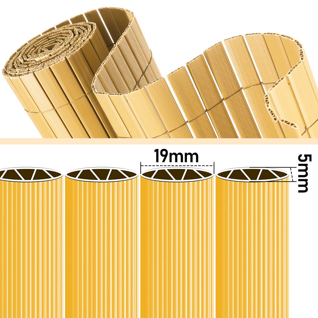Bambusvorhangrollmatte mit 19 mm Stabdurchmesser und 5 mm Stababstand, die die Struktur und Designmerkmale des Materials veranschaulicht.