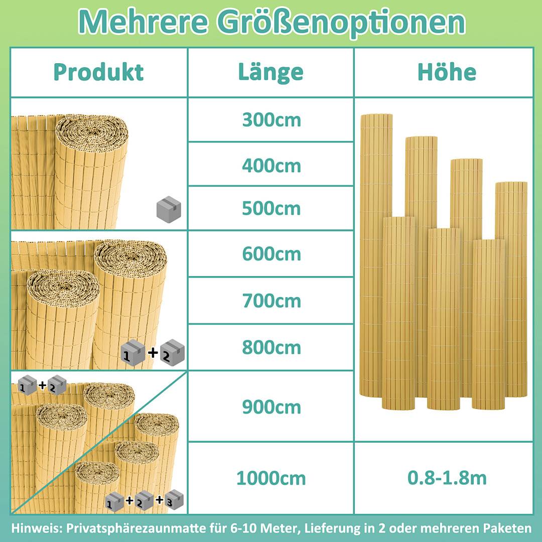 ‚Mehrere Größenoptionen' zeigt Bambus-Sichtschutzmatten mit Längen von 300 cm bis 1000 cm, Höhe 0,8-1,8 m.
