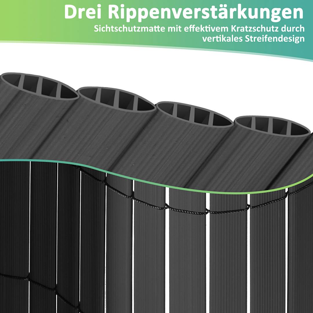 Eine Nahaufnahme eines Sichtschutzelements mit vertikaler Streifengestaltung. Der deutsche Text beschreibt Merkmale wie Rippenverstärkung und Kratzschutz.