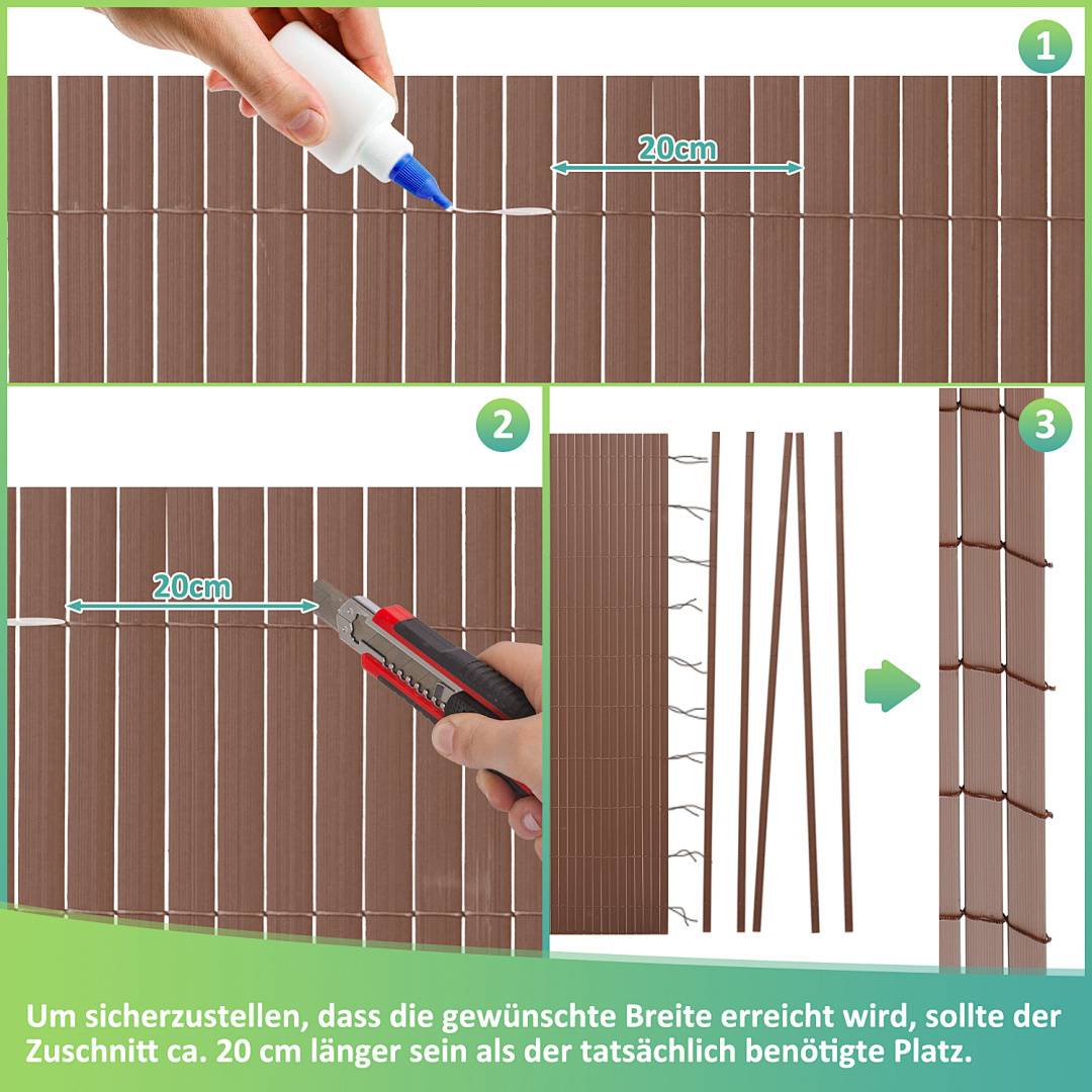 Anleitungsbild: Drei Schritte zur Anpassung der Bambustafelgröße. Schritt 1: Kleber auftragen. Schritt 2: Zwischen den Latten bei 20 cm schneiden. Schritt 3: Überschuss entfernen.