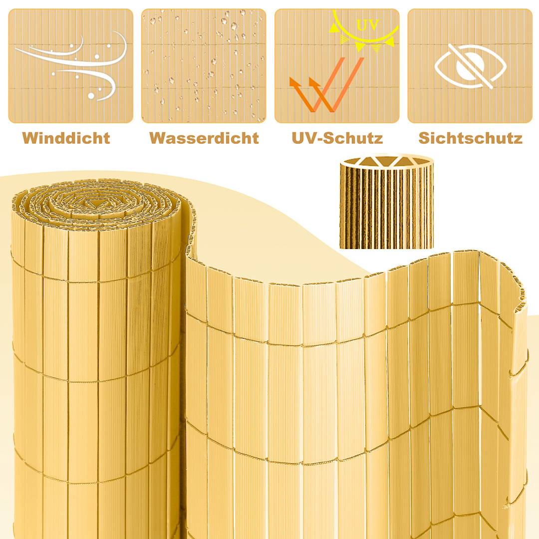 Eine Rolle Bambuszaun mit hervorgehobenen Eigenschaften: windundurchlässig, wasserdicht, UV-Schutz, Sichtschutz. Vertikale Bambuslatte werden gezeigt.