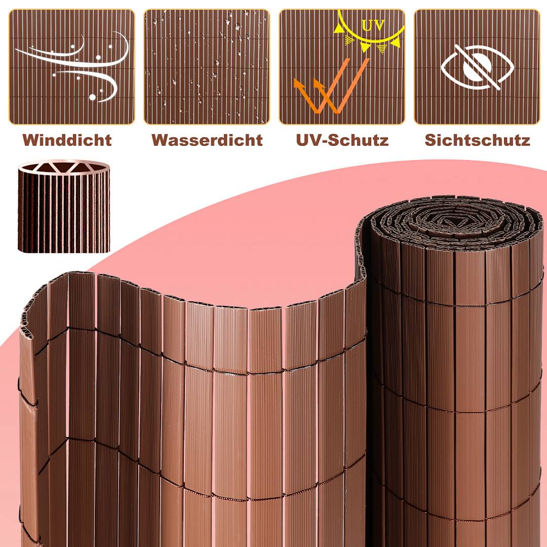 Rollbare Bambusrollo mit folgenden Eigenschaften: windundurchlässig, wasserdicht, UV-Schutz, Sichtschutz. Illustrationen veranschaulichen diese Schutzqualitäten.