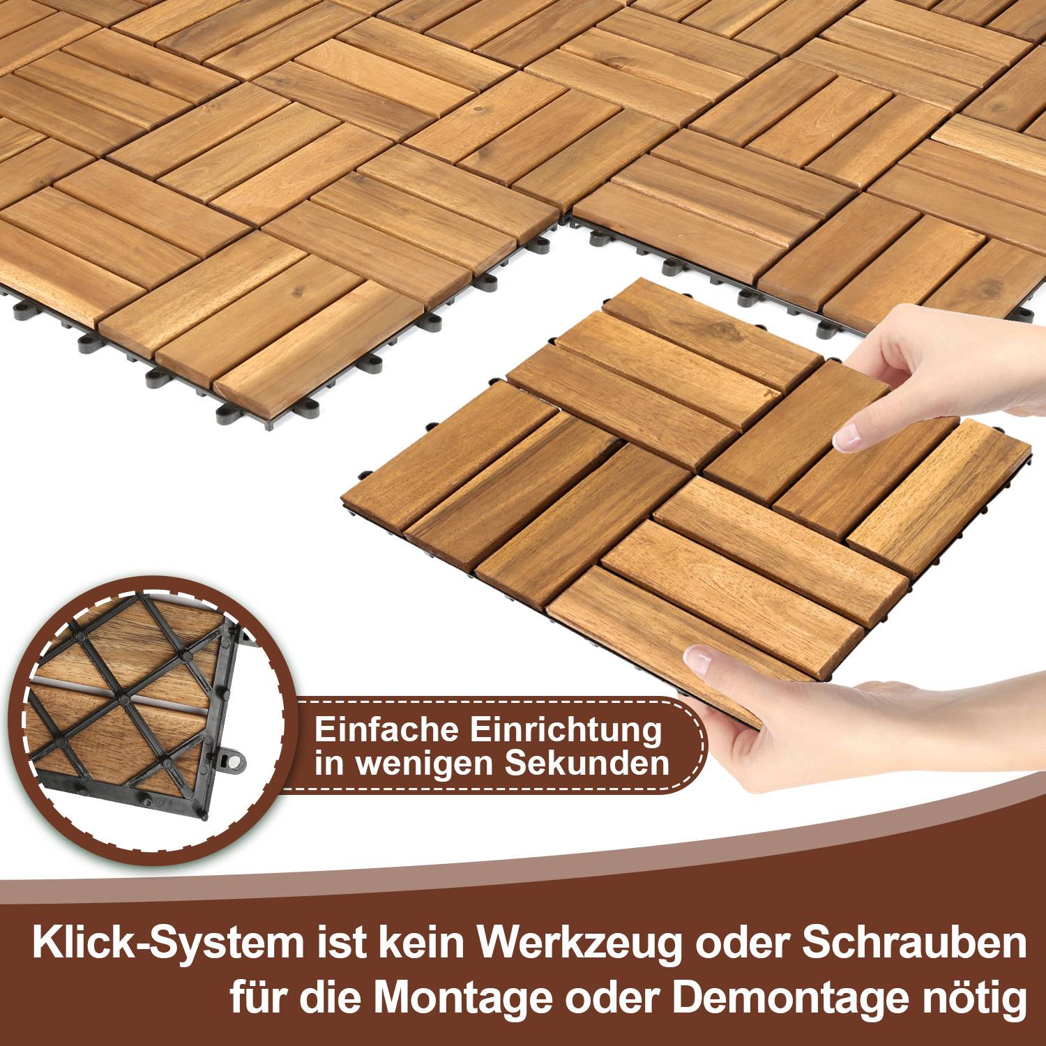 Zwei Hände verbinden ineinandergreifende Holzfliesen. Text lautet: 'Einfache Einrichtung in wenigen Sekunden. Klick-System ist kein Werkzeug oder Schrauben für die Montage oder Demontage nötig.