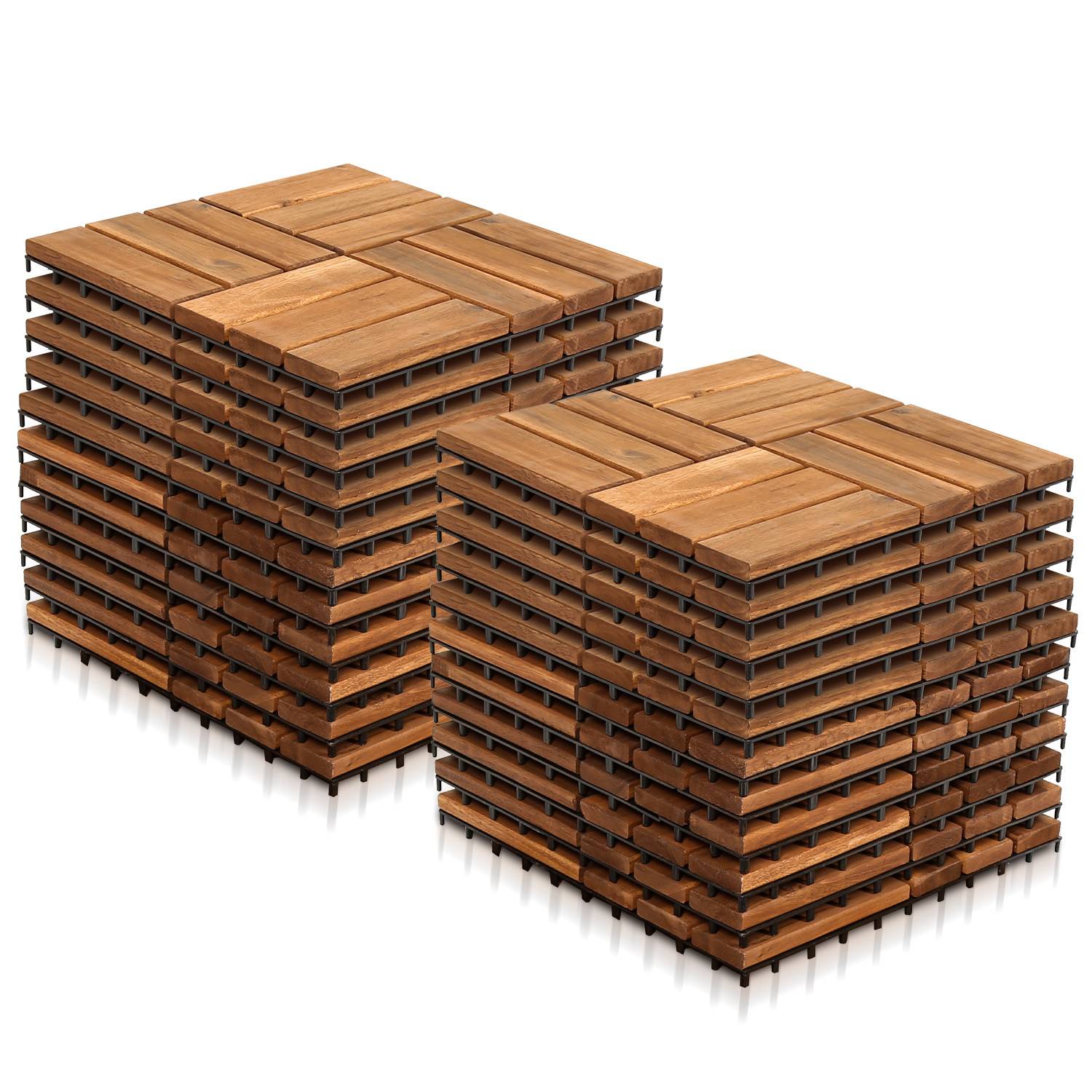 Zwei Stapel von verschachtelten braunen Holzfußbodenplatten, die jeweils in einem ordentlichen Haufen angeordnet sind.