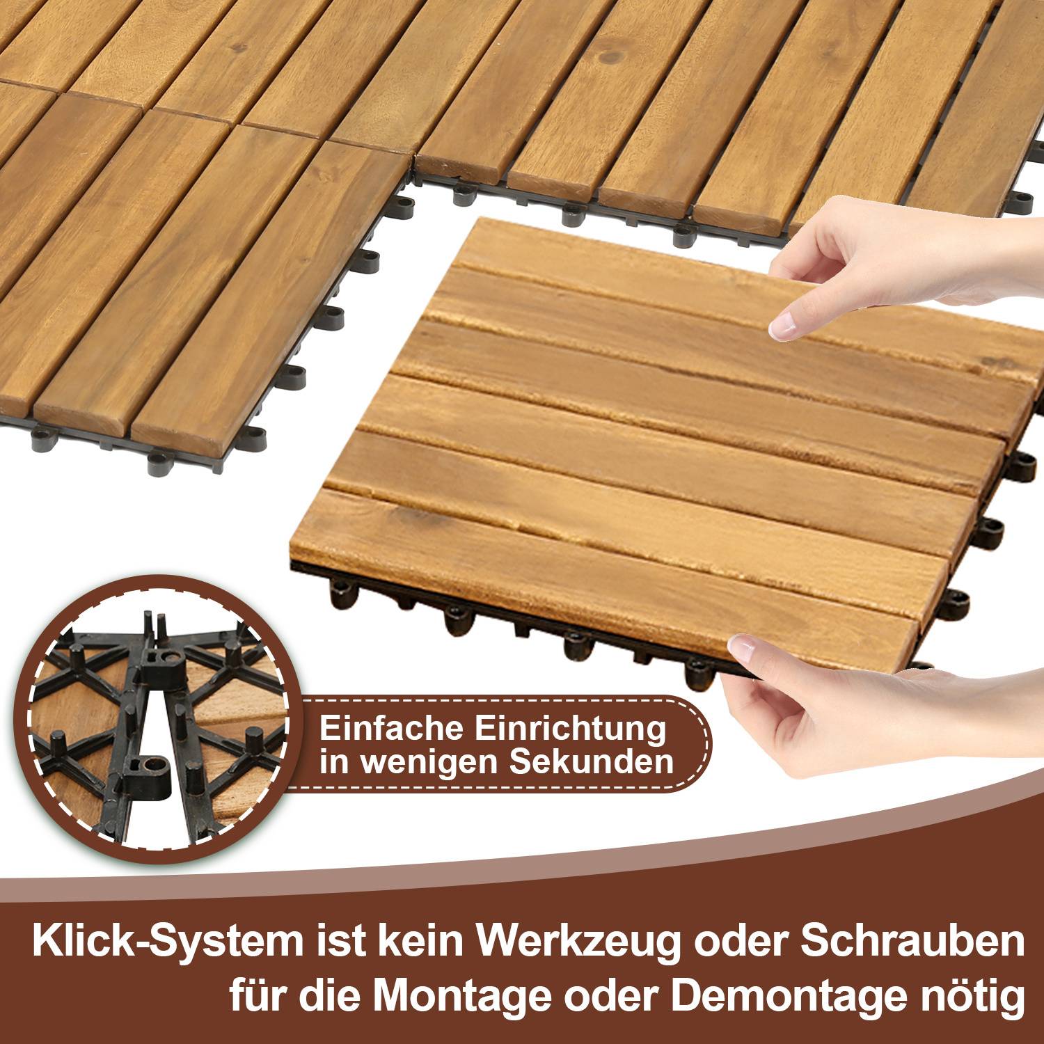 Hände, die verschließbare Holzfußbodenplatten zusammensetzen, mit dem Text: 