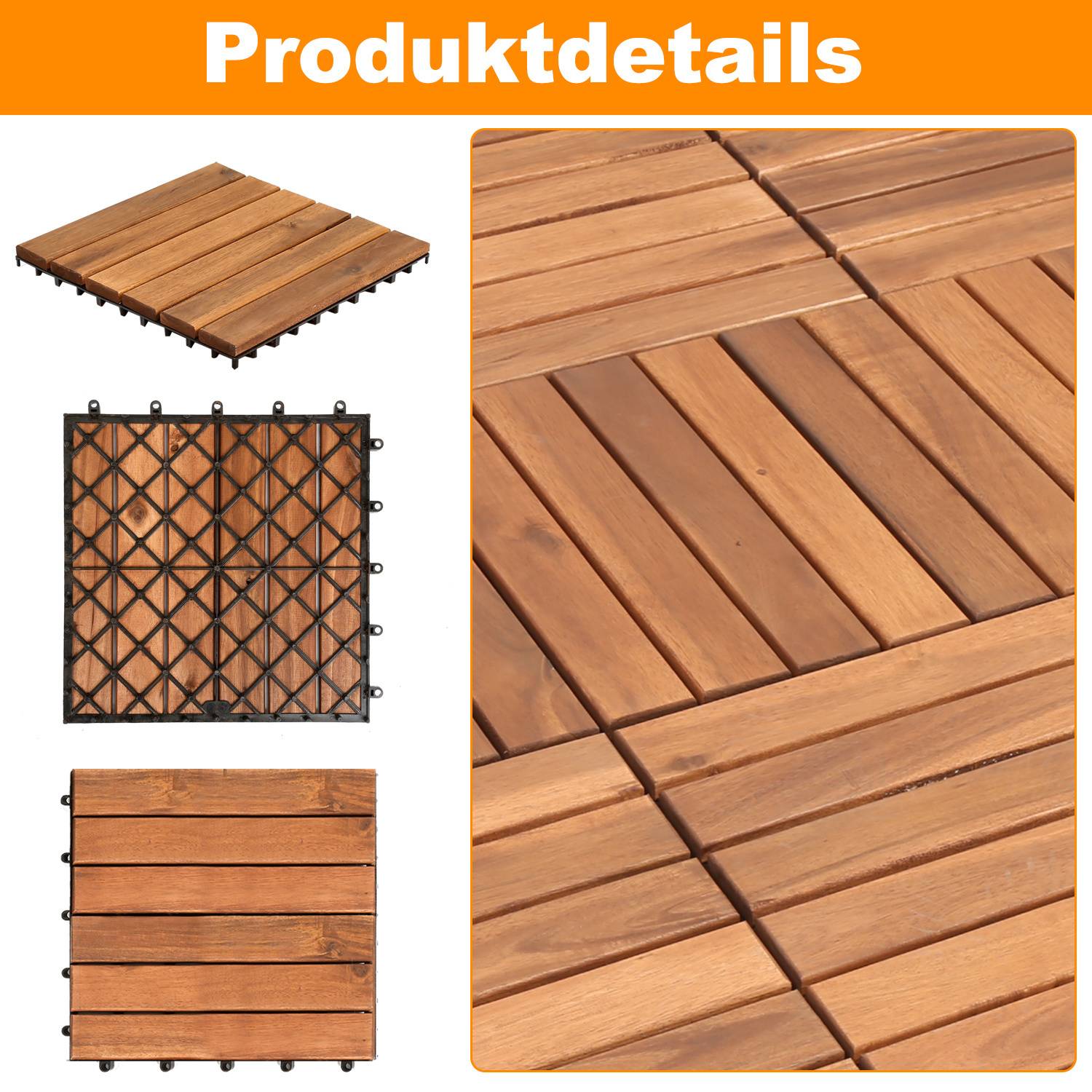 88 Stück Holzfliesen 6-Latten 8 qm, 30x30cm Terrassenfliesen Klickfliesen Balkonfliesen mit Drainagensystem, Wetterfest aus Akazienholz