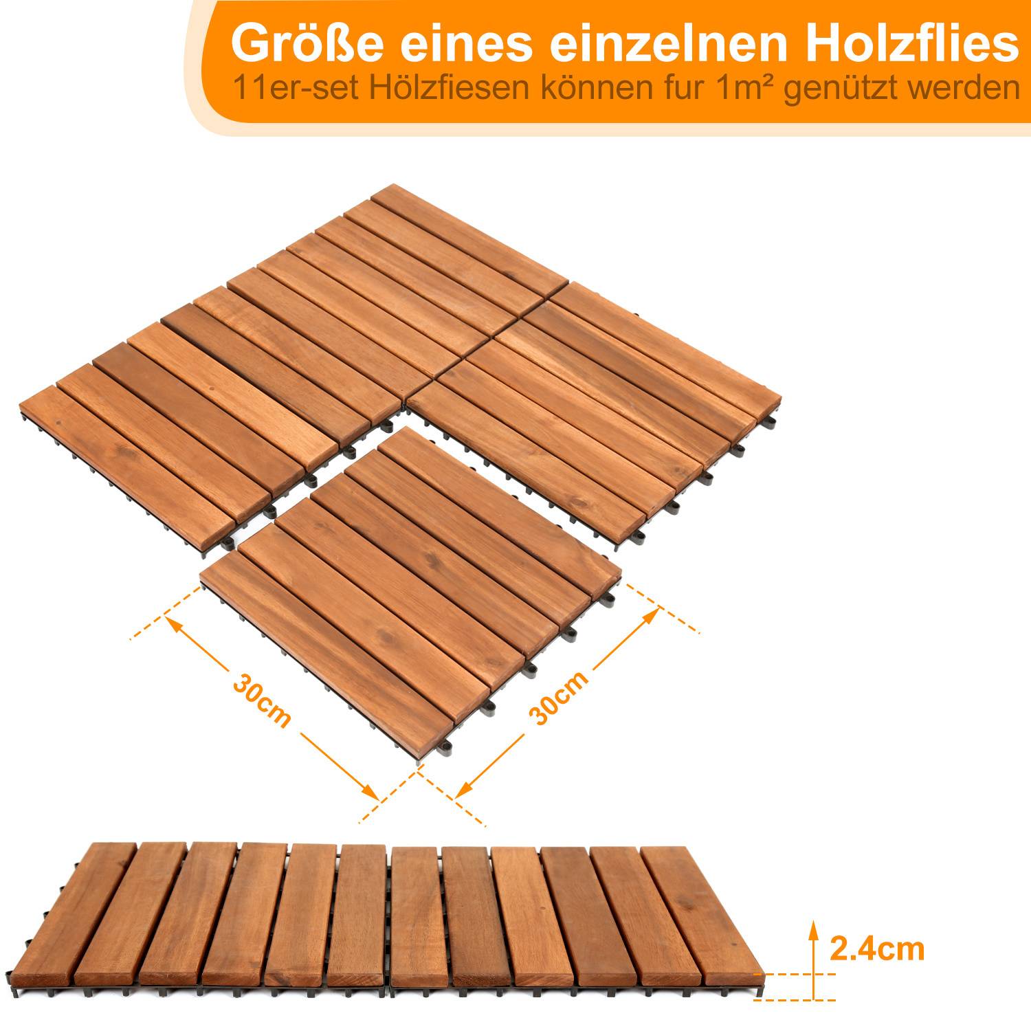 Größe eines einzelnen Holzflies: 30cm x 30cm. 11er-set Holzfliesen können für 1m² genutzt werden.