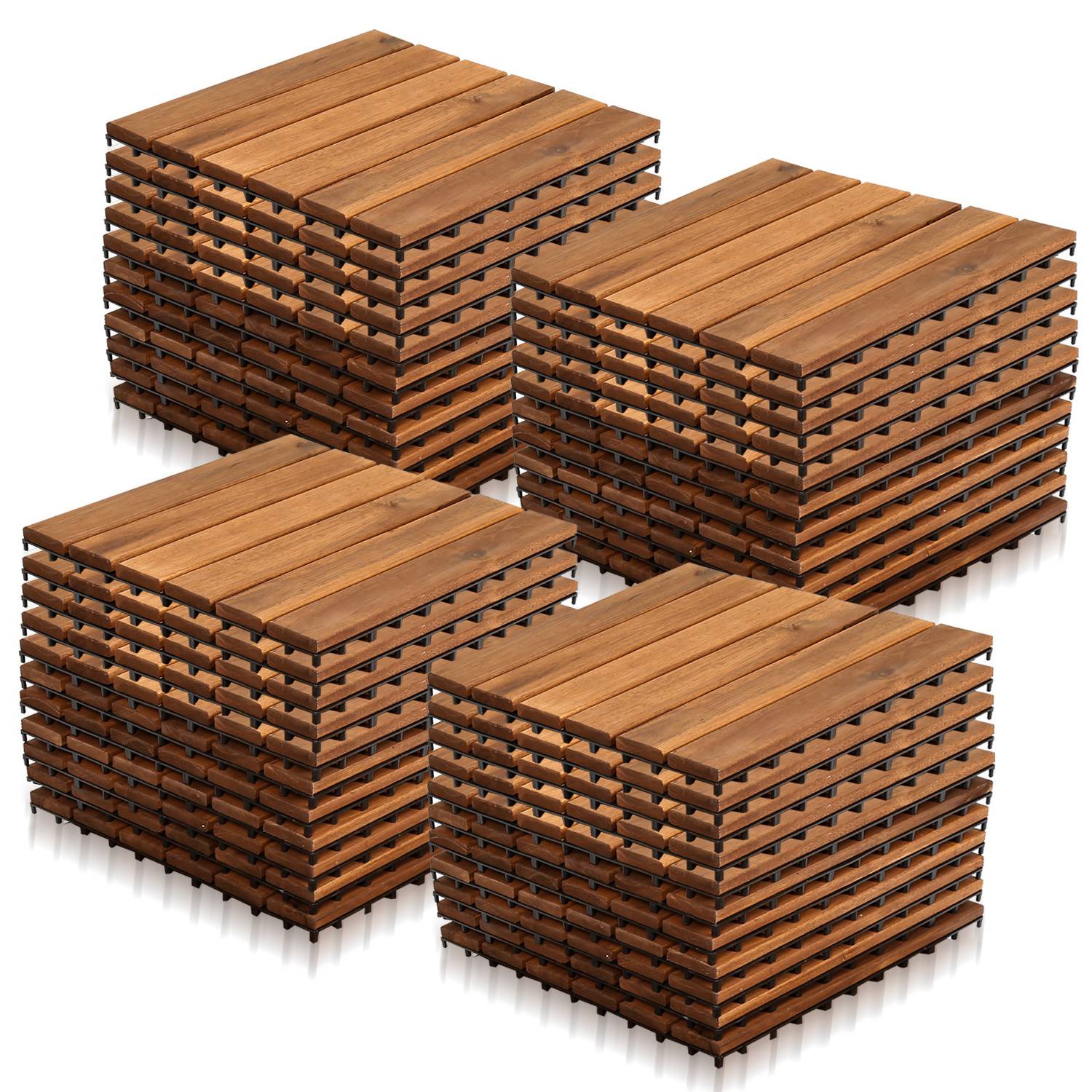 Vier Stapel sorgfältig angeordneter Holzbretter, wobei jeder Stapel Gleichmäßigkeit zeigt und auf eine mögliche Verwendung für Bauarbeiten oder Handwerksarbeiten hindeutet.