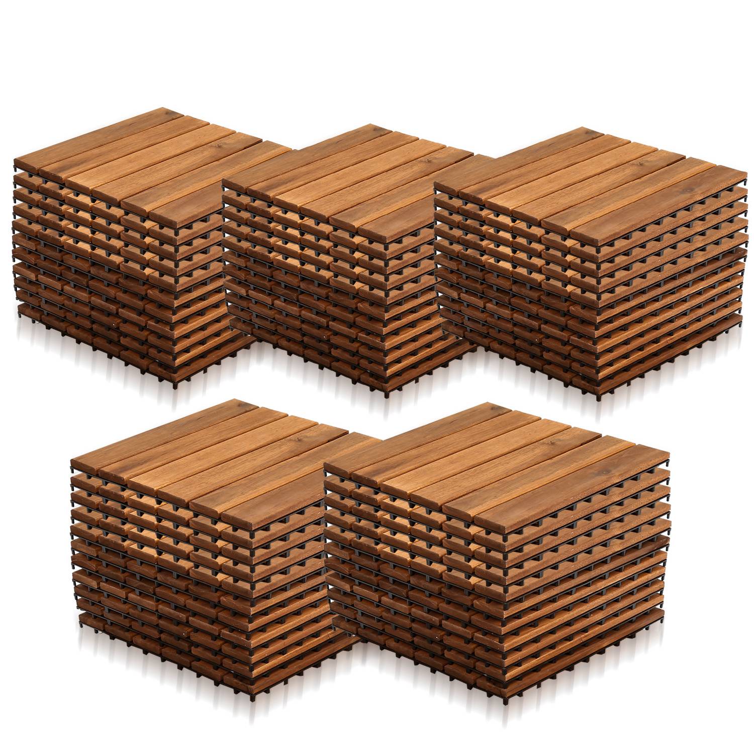 Braune, ineinandergreifende Holzterrassenplatten in mehreren Stapeln, geeignet für Außenbereiche, die Textur und Materialanordnung präsentieren.