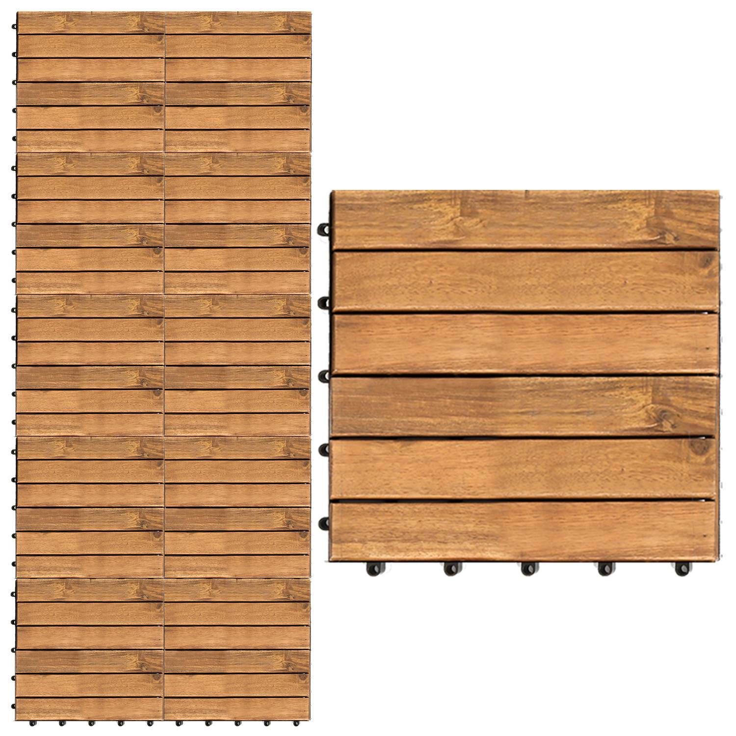 Ineinandergreifende Holzterrassenplatten mit einer natürlichen braunen Oberfläche, aus zwei Perspektiven gezeigt, mit Hervorhebung der Lamellenbeschaffenheit und Verbindungspunkte.