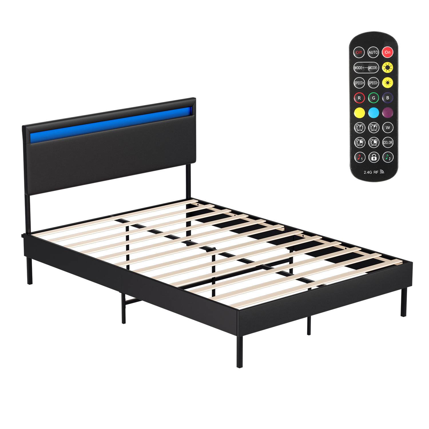Metallbettrahmen mit Lattenrost, ausgestattet mit einem LED-Lichtstreifen am Kopfteil. Eine kleine Fernbedienung mit mehreren Tasten ist zu sehen.