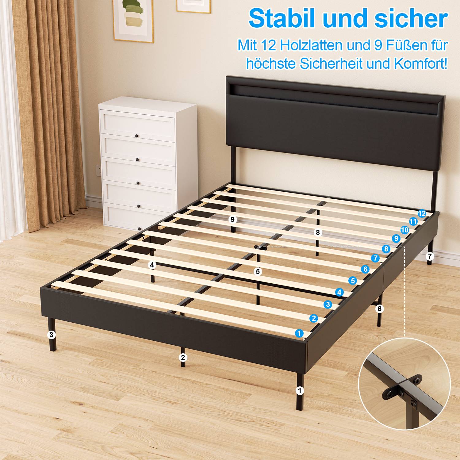 Ein Bettgestell mit Kopfteil wird mit nummerierten Teilen zur Montage gezeigt. Ein Text sagt: 'Stabil und sicher mit 12 Holzlatten und 9 Füßen für maximale Sicherheit und Komfort!