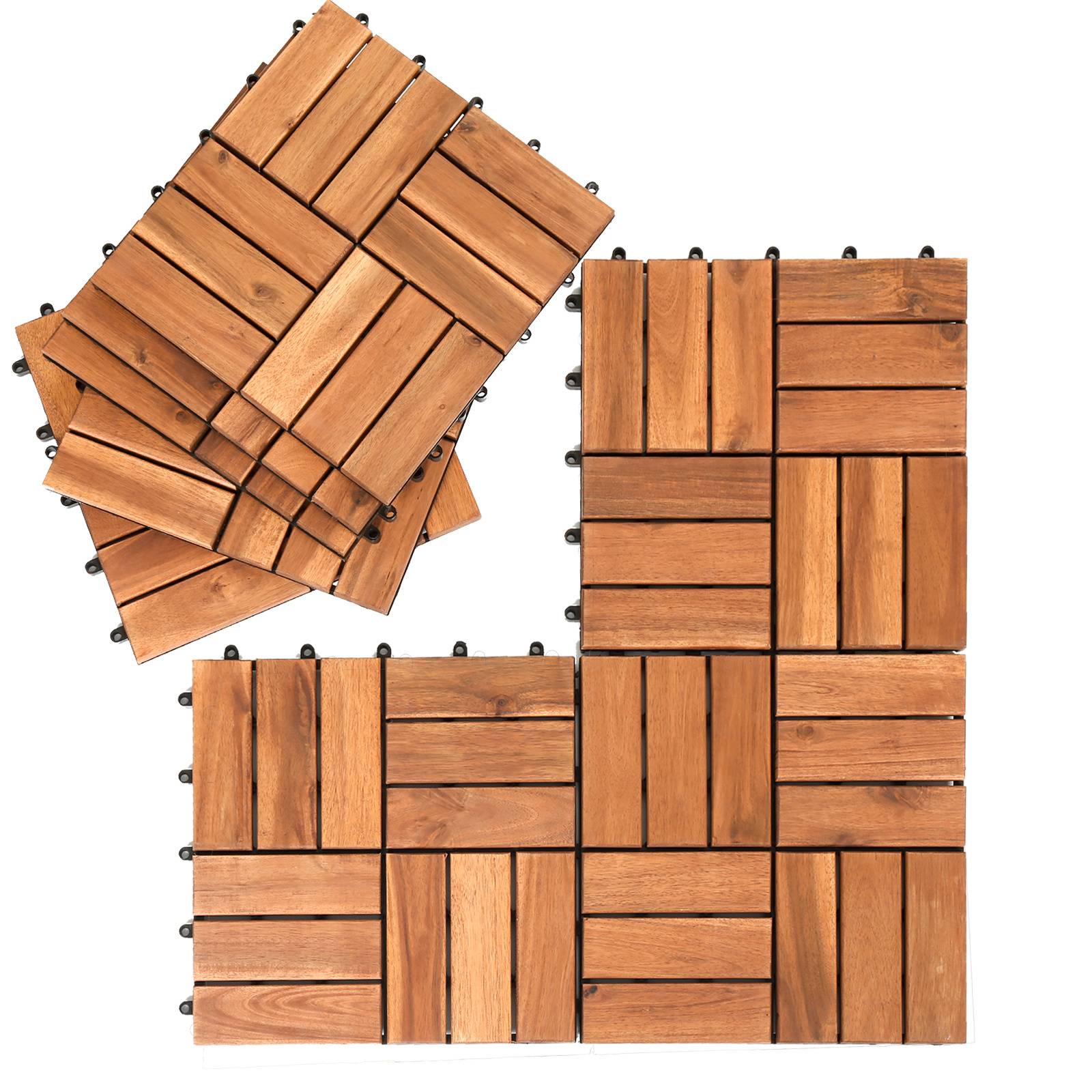 Sich verschränkende Holzbodenplatten mit Schachbrett- und linearem Mustermotiv, geeignet für Terrassen oder Balkone.
