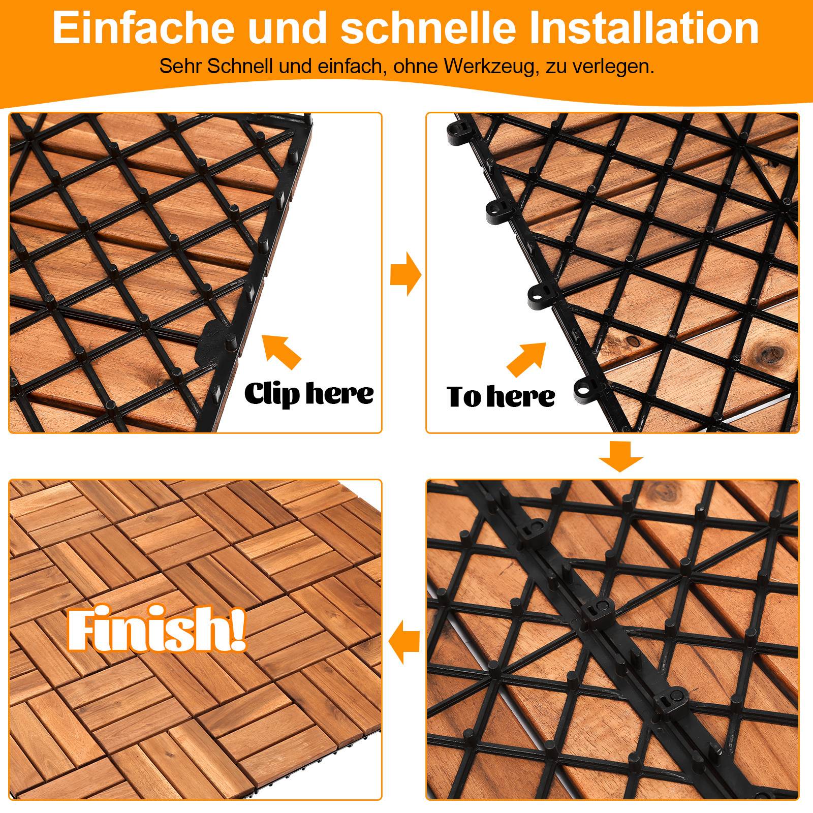 Einfach und schnelle Installation zeigt miteinander verzahnte Paneele, die Schritt für Schritt verbunden werden, um einen holzmustrigen Boden zu erstellen.