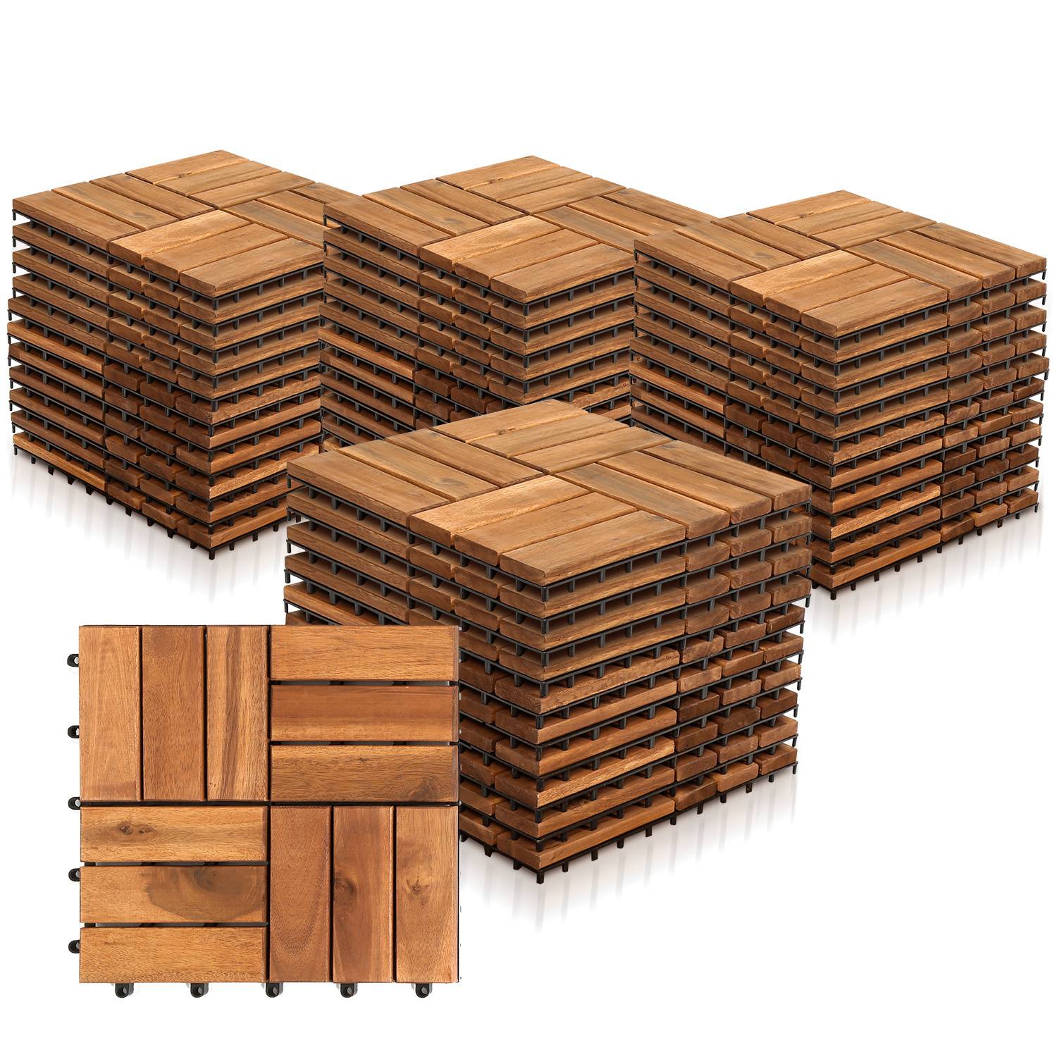 Fünf Stapel von ineinandergreifenden Holzdeckfliesen sind in einer versetzten Formation angeordnet, mit einer Nahaufnahme einer einzelnen Fliese im Vordergrund.
