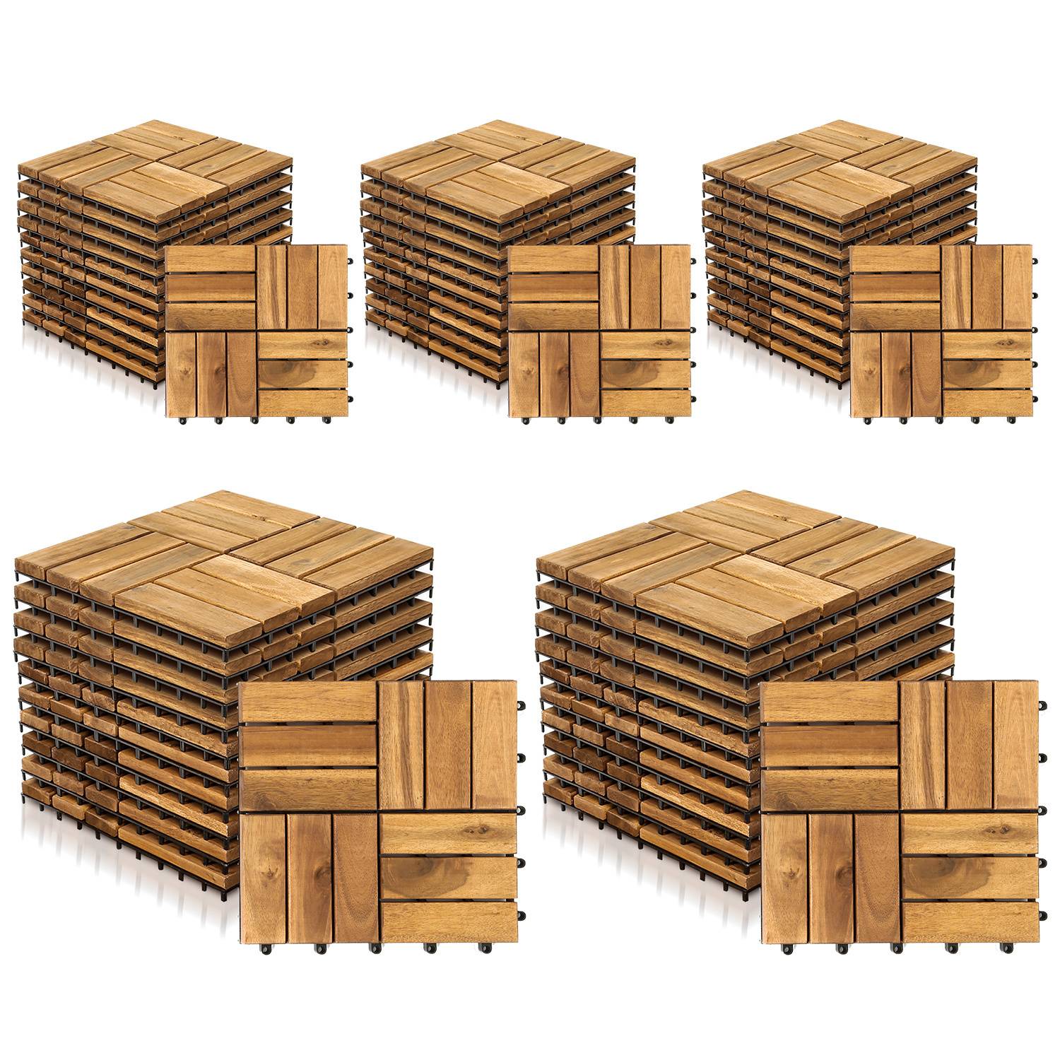 Ein Satz von ineinandergreifenden Holzbodenplatten mit einem einfachen quadratischen Muster, der mehrere Stapel von Platten zeigt, die für die Installation bereitstehen.