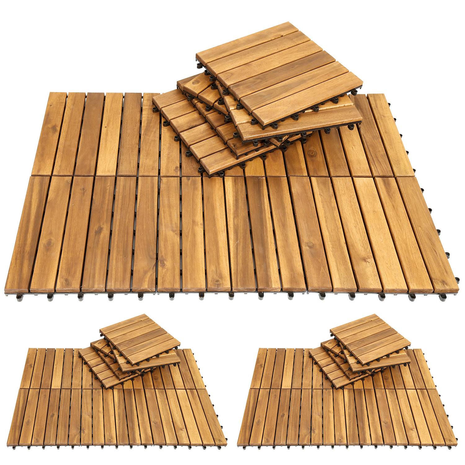 Verzahnte Holzdeckfliesen sind abgebildet, gestapelt und angeordnet, was ihr Design und Muster für die Verwendung als Bodenfläche im Freien veranschaulicht.