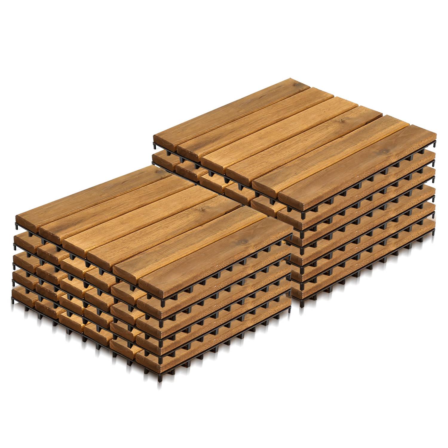Stapel von Holzpaletten, die in zwei ordentlichen Haufen angeordnet sind. Jede Palette ist einheitlich konstruiert mit gleichmäßig angeordneten Holzlatten.