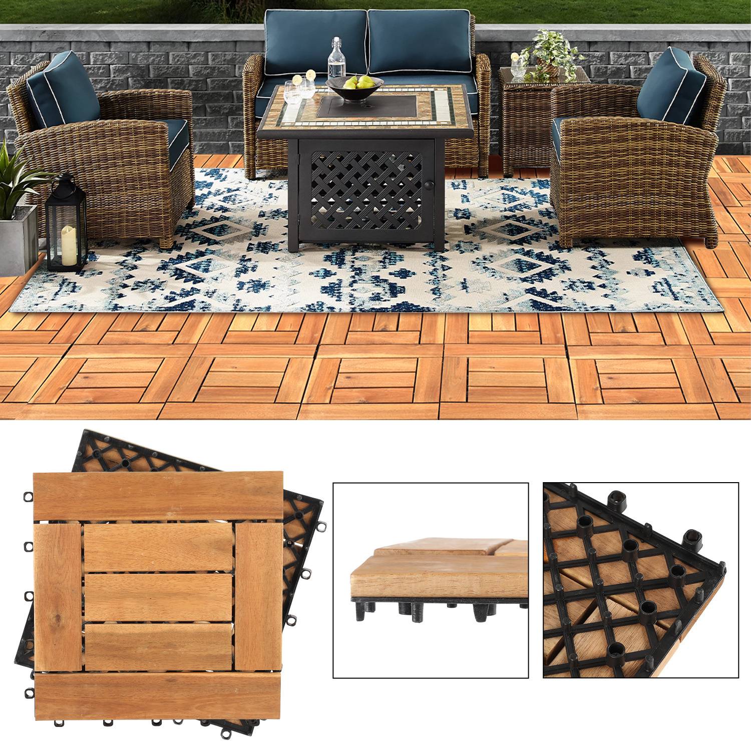 Outdoor-Terrassenmöbel mit Rattanstühlen und einem Tisch auf einem Holzdeck. Ein blau-weiß gemusterter Teppich liegt darunter. Nahaufnahmen zeigen Deckfliesen.