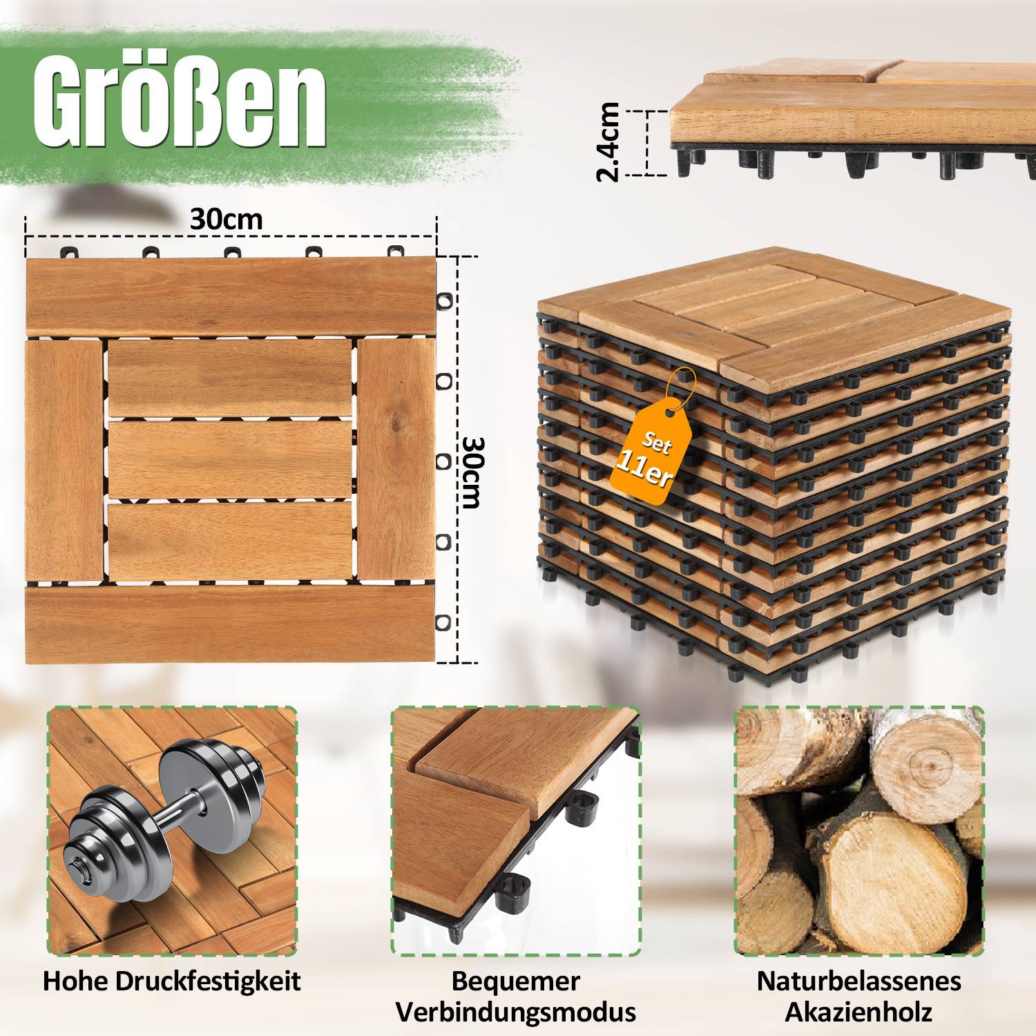 Größen' Titel mit einer Holzterrassendiele von 30 cm und 2,4 cm Dicke. Merkmale: hohe Haltbarkeit, praktische Verbinder und natürliches Akazienholz. Stapel von 11 Stück gezeigt.