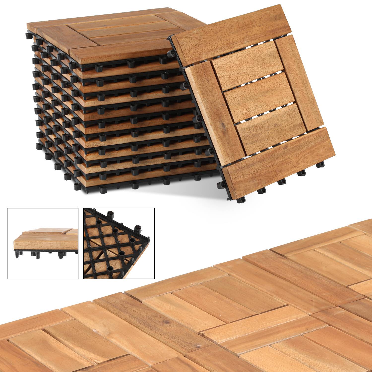 Stapel von verschachtelten Holzterrassenplatten, jede mit einem quadratischen Muster, zusammengesetzt und getrennt dargestellt. Zur Verwendung als Außenbodenbelag.