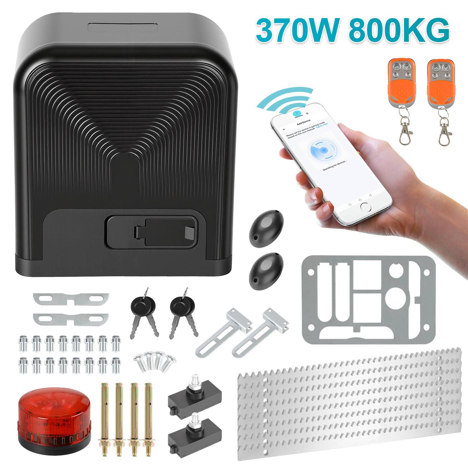Automatische Toröffner-Set mit Motor, drahtloser Fernbedienung, Smartphone-Steuerung, Montagezubehör und Sicherheits-Zubehör. Kapazität: 800 kg, 370 W.
