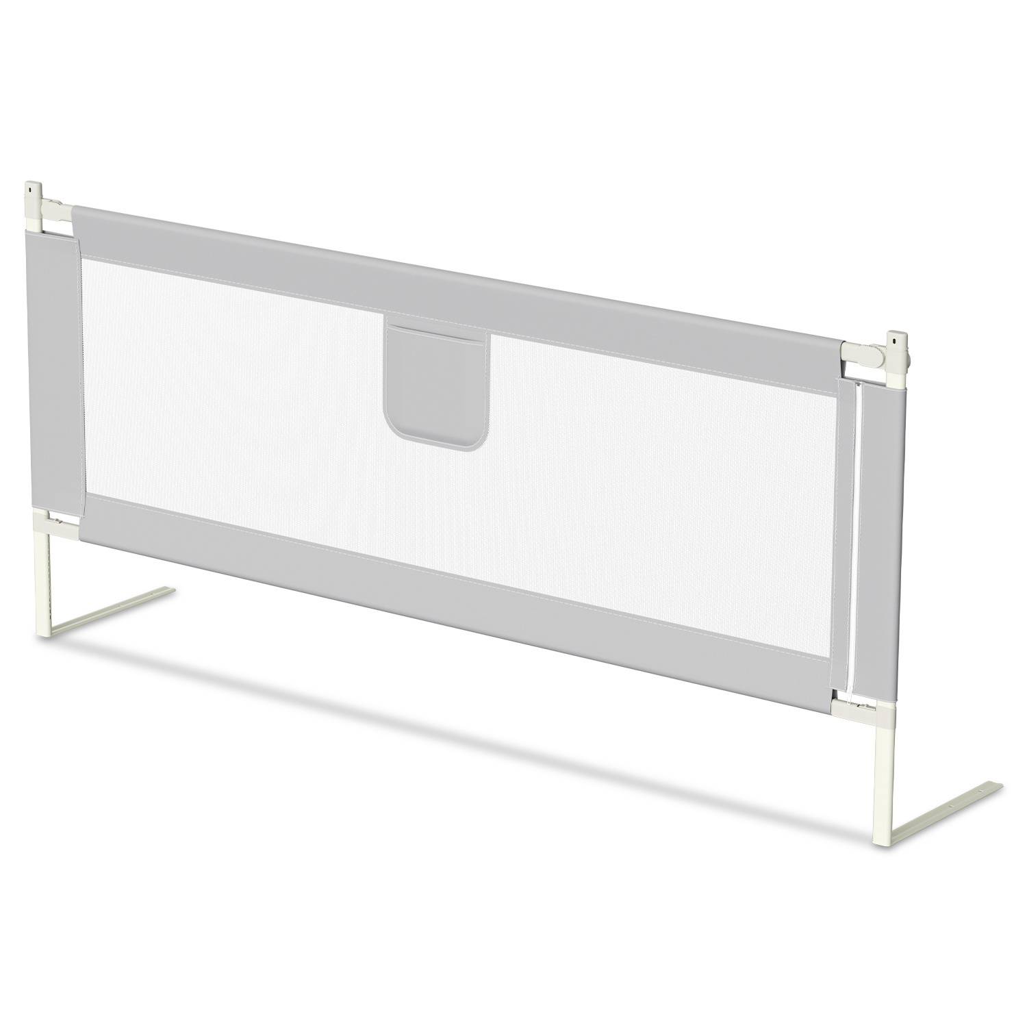 Bettschutzgitter mit einer weißen und grauen Netztafel, gestützt von Metallbeinen, entwickelt zur Verhinderung von Stürzen während des Schlafes.