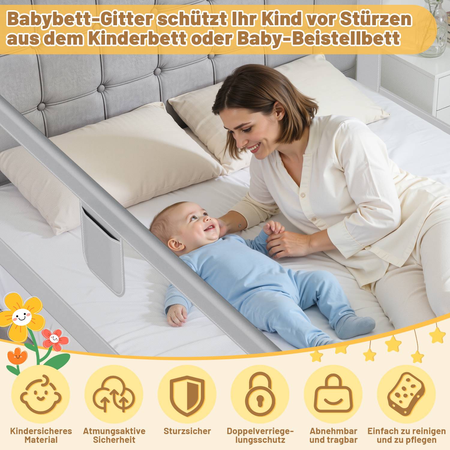 Eine Frau lächelt ein Baby an, das auf einem Bett mit Schutzbarrieren liegt. Der Text lautet: 