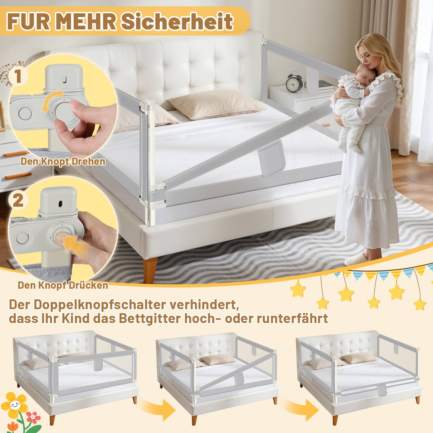 Eine Frau steht neben einem Bett mit hochgeklappter Sicherheitsschutzschiene und hält ein Baby. Eingesetzte Bilder zeigen das Drehen eines Knopfes und das Drücken eines Knopfes an der Schutzschiene. Der deutsche Text bespricht Sicherheitsmerkmale.