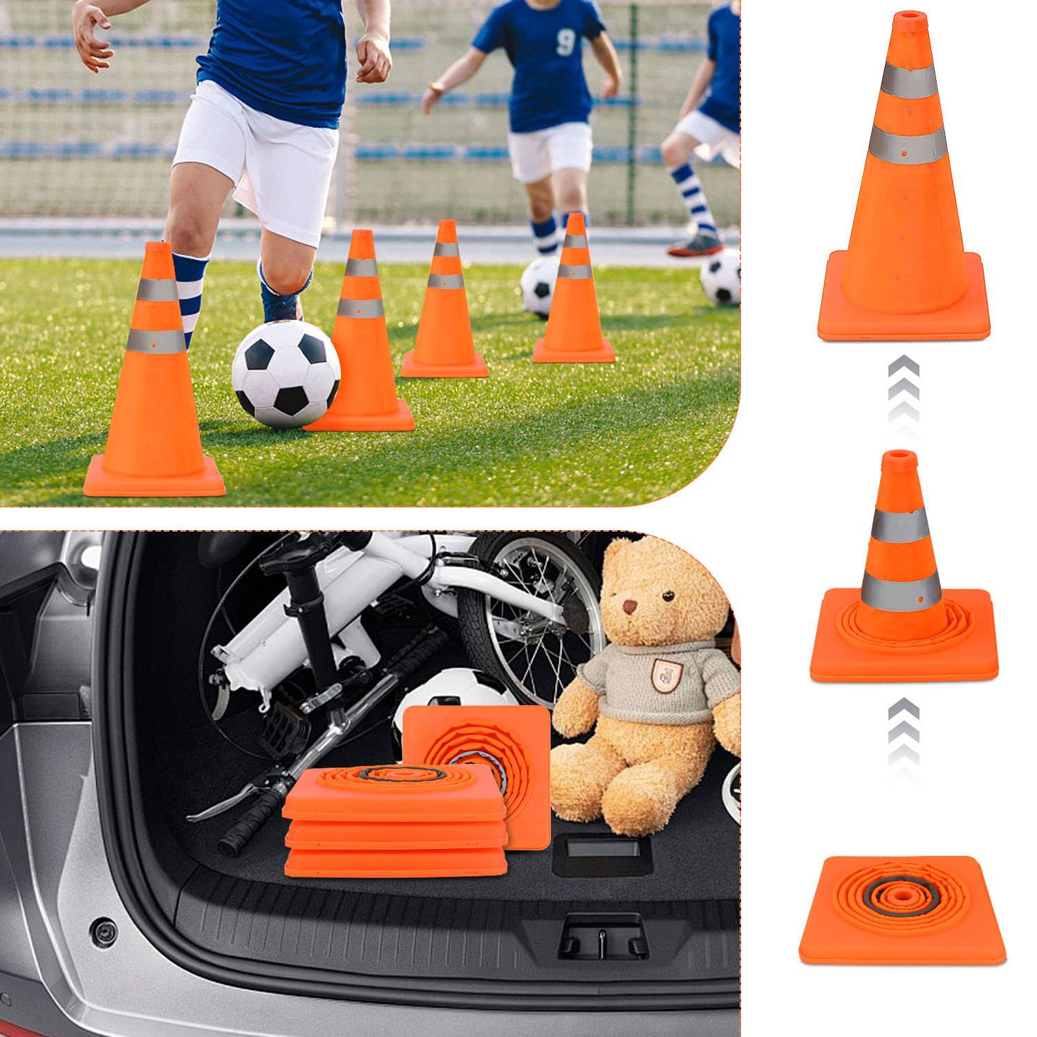 Fußballspieler dribbelt einen Ball durch orange Hütchen während des Trainings auf einem Rasenfeld; zusammenklappbare Hütchen werden im Kofferraum eines Autos zusammengefaltet, zusammen mit einem Teddybären und einem zusammengeklappten Fahrrad.