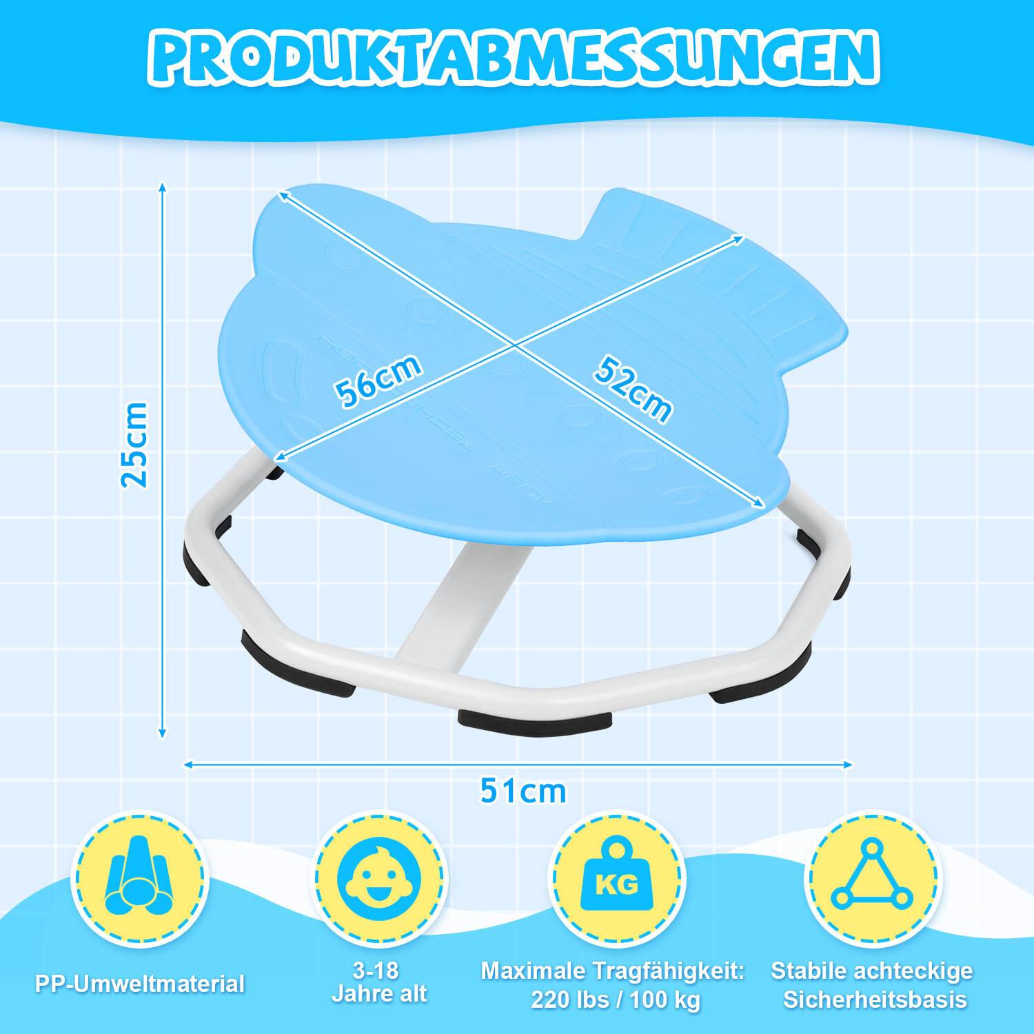 Ein blauer Balanceboard misst 56x52 cm, steht 25 cm hoch, geeignet für Alter 3-18, mit einer Gewichtsbegrenzung von 100 kg. Sicherheitsmerkmale werden hervorgehoben.
