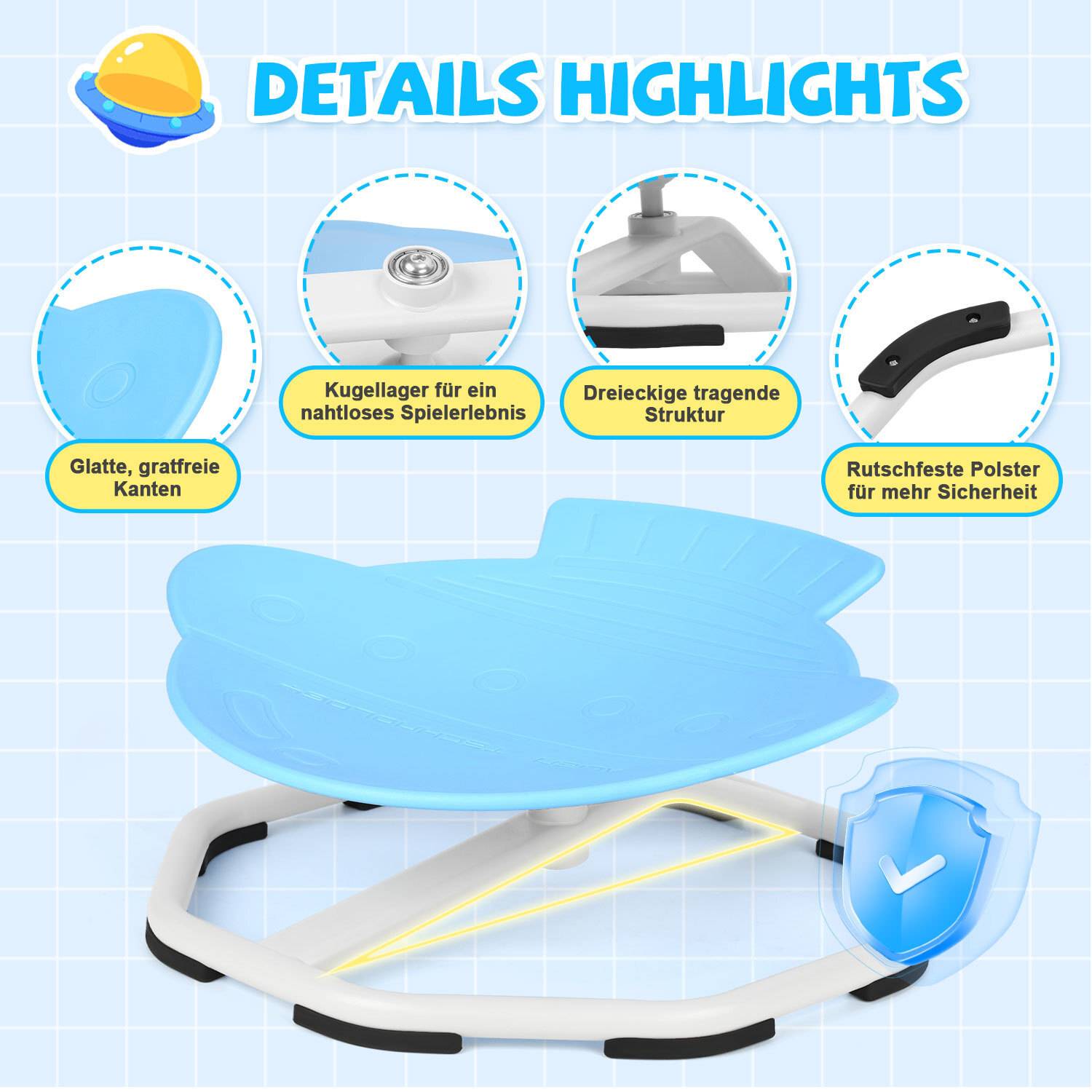 Details Highlights: Ein blauer Rutscherfahrer mit weichen Kanten, Kugellagern, dreieckiger Struktur und rutschfester Polsterung.