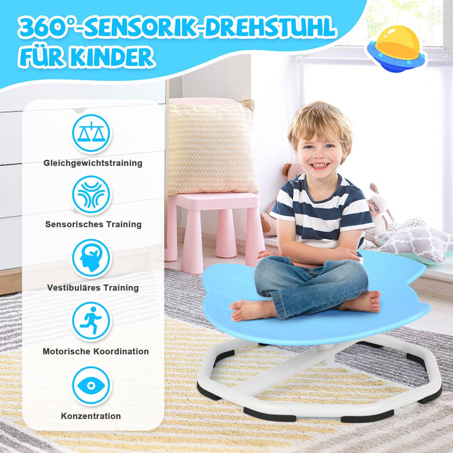 Kind sitzt mit überkreuzten Beinen auf einem Drehstuhl mit der Aufschrift „360° Sensorik-Drehstuhl für Kinder