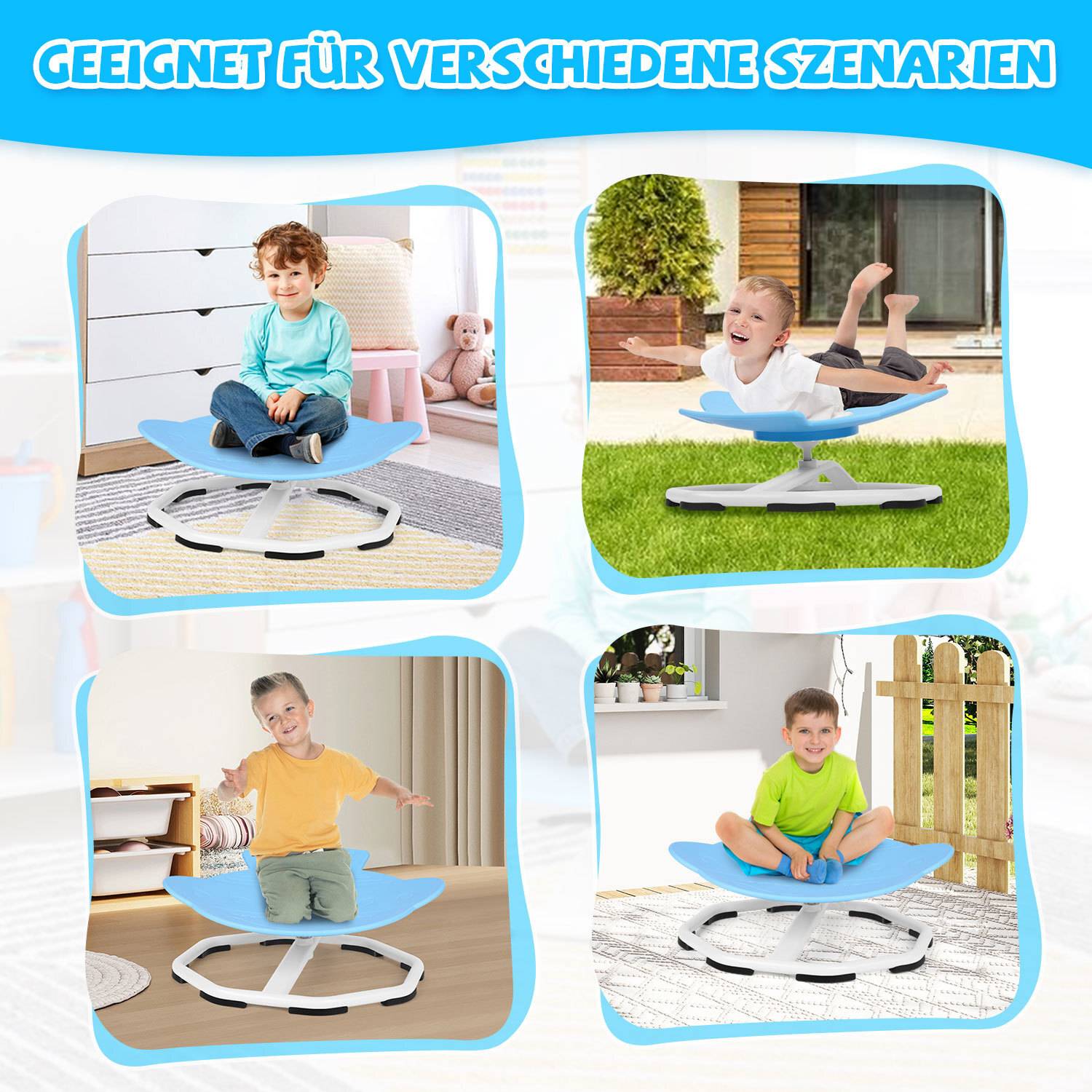 Das Bild zeigt vier Kinder, die ein blaues Balancespielzeug in verschiedenen Umgebungen nutzen: in einem Schlafzimmer, einem Garten, einem Wohnzimmer und einer Terrasse.