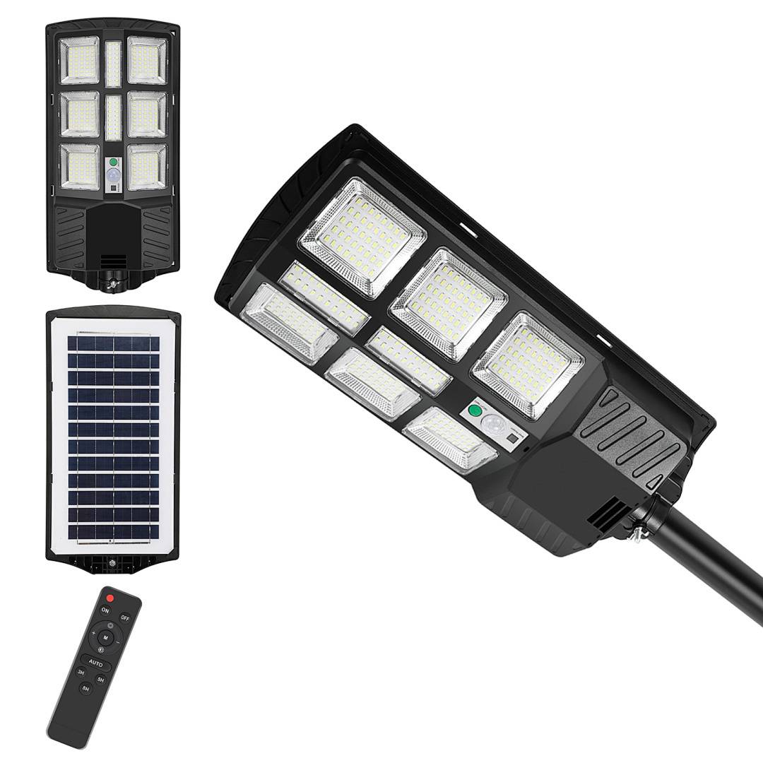 Outdoor-Solarstraßenlampe mit integriertem Solarpanel, einstellbaren Helligkeitsstufen und einer Fernbedienung für einfache Bedienung.