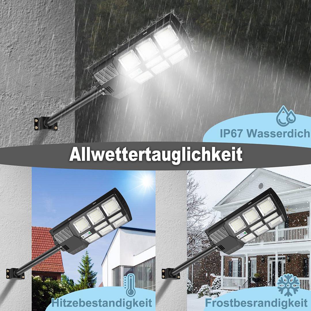 Solar-Lichtinstallation, die ihre Wetterfestigkeit demonstriert: zeigt Hitze- und Frostresistenz sowie eine IP67-Wasserdichtigkeit.