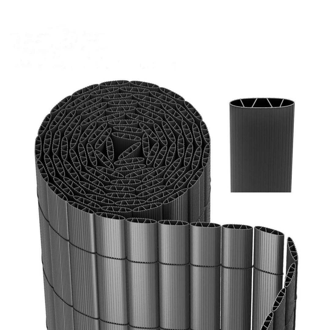 Große Rolle aus geripptem schwarzem Plastikmaterial mit einer Nahaufnahme der gerippten Textur, die daneben gezeigt wird.