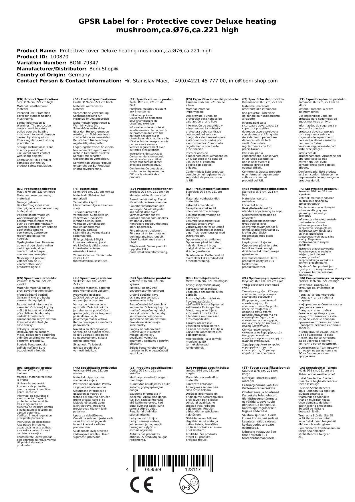 Eine detaillierte Liste von Produktspezifikationen und Kontaktinformationen wird angezeigt, einschließlich einer Telefonnummer und E-Mail-Adresse für Anfragen.