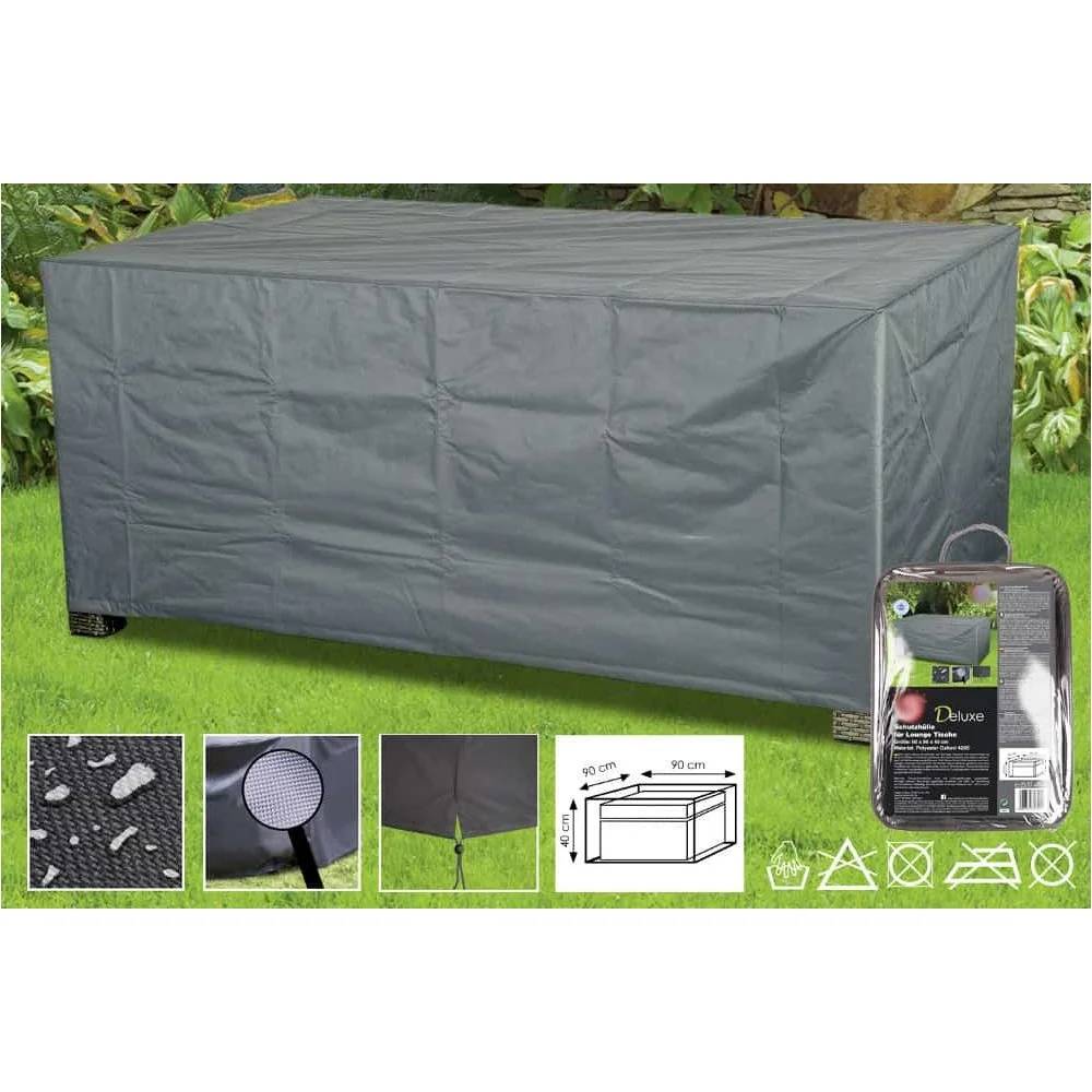 Eine graue Outdoor-Möbelabdeckung auf einem rechteckigen Tisch, mit Detailaufnahmen, die Materialtextur, Nähte, Abmessungen und Verpackung zeigen.