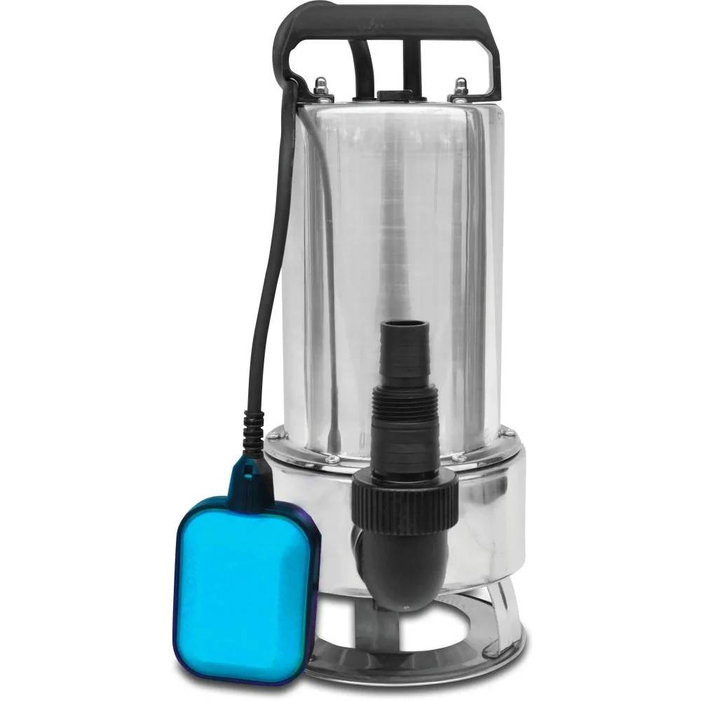 Eine silberne Tauchpumpe mit einem schwarzen Griff und einem blauen Schwimmerschalter, die zum Wasserpumpen verwendet wird und auf einer kleinen Basis steht.