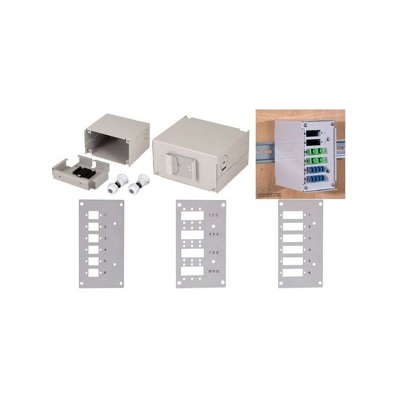 Eine graue, wandmontierte Komponenten-Gehäusebausatz, der seine verschiedenen Teile zeigt, einschließlich Platten mit Ausschnitten, kleinen zylindrischen Komponenten und einer montierten Ansicht.