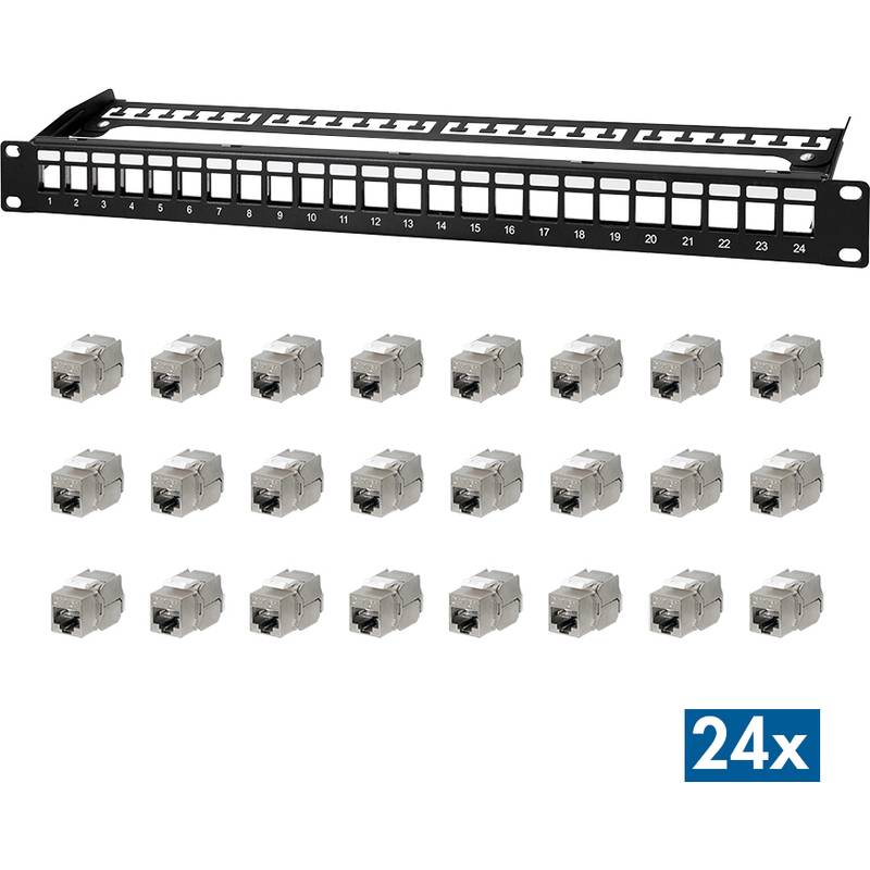„Ein 24-Port-Patchfeld mit 24 silbernen Keystone-Buchsen darunter, das zur Verwaltung und Organisation von Netzwerkkabeln verwendet wird.