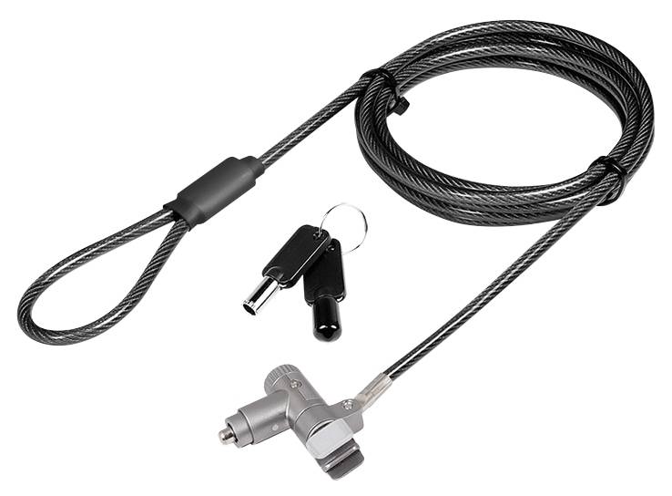 Sicherheitskabelschloss mit Schlüssel für Laptops, das den Schlossmechanismus, das Kabel und die Schlüssel zeigt. Entwickelt, um Diebstahl von elektronischen Geräten zu verhindern.