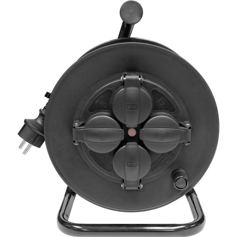 Eine runde, schwarze elektrische Verlängerungskabelrolle mit mehreren Steckdosen, ausgestattet mit einem Griff zum einfachen Tragen und einem angeschlossenen Stromstecker.